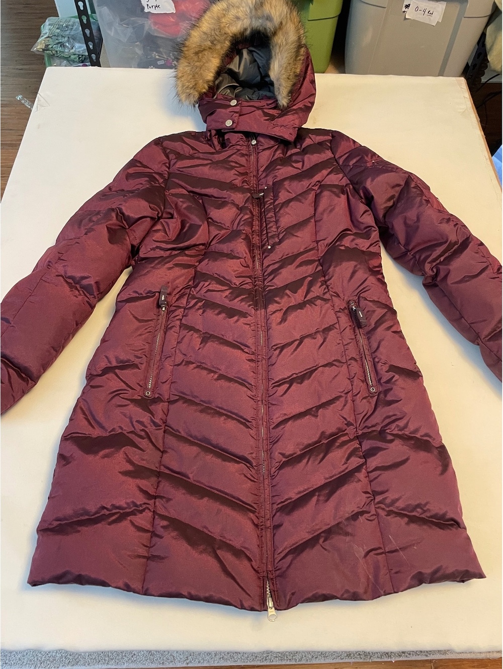 Eddie Bauer Women's Burgundy Down Puffer Jacket with Faux Fur Hood